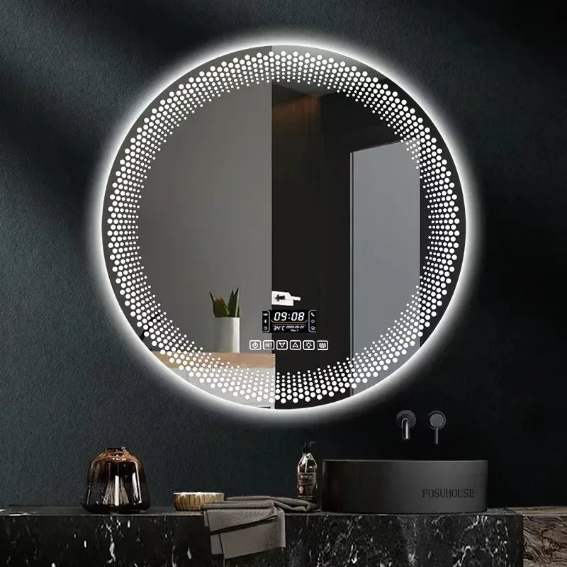 Détail de l'éclairage LED du miroir rond en différentes couleurs