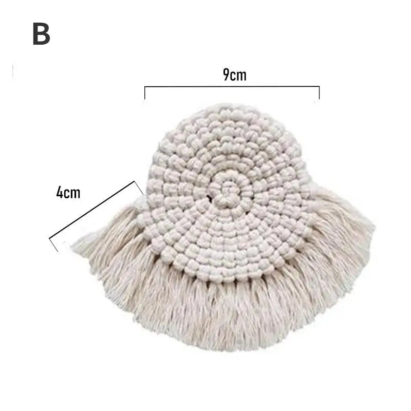 coasters tissu spirale tissée franges bohême artisanal couleur beige domestique utilisation protection table
