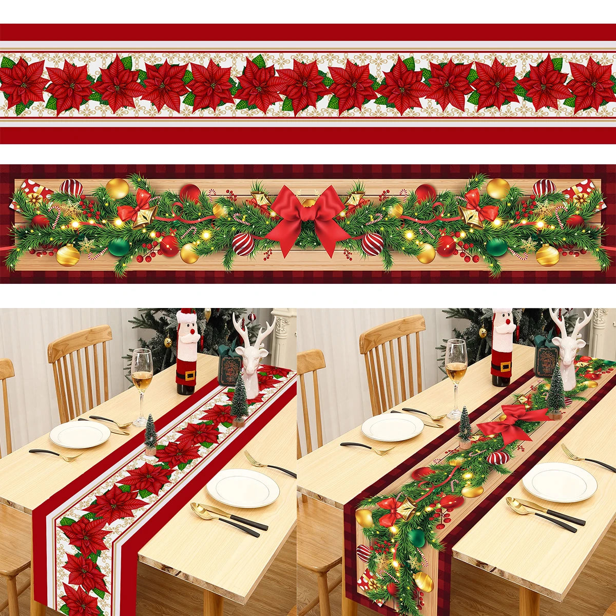 table noel chemin blanc motif flocon renne decoration festive polyester