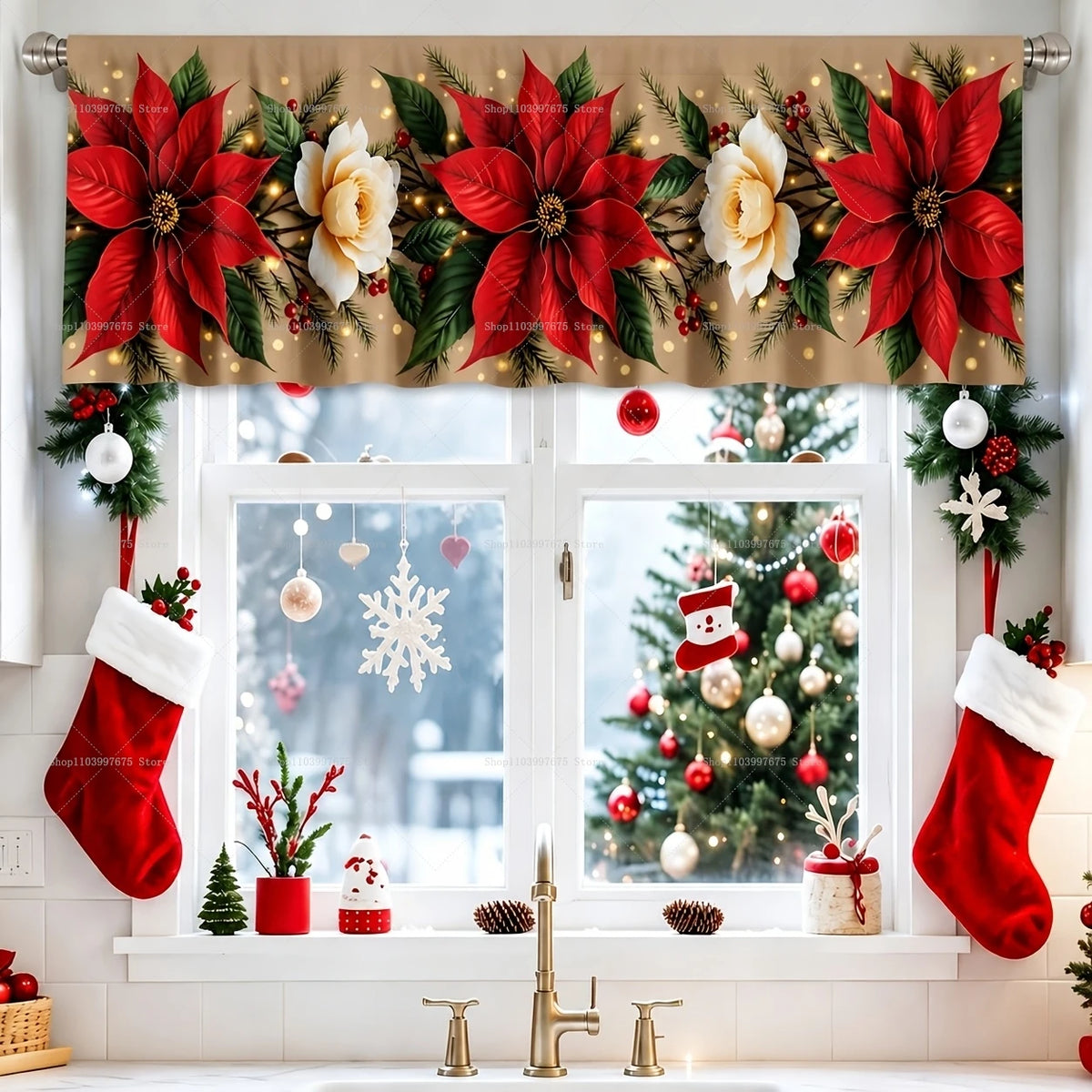 rideau fenêtre noël blanc rouge vert poinsettia houx opacité 140x45cm decoration façade cuisine