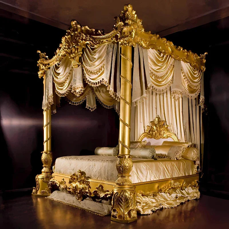 lit baldaquin or crème baroque sculptural draperies semi transparents chambre coucher