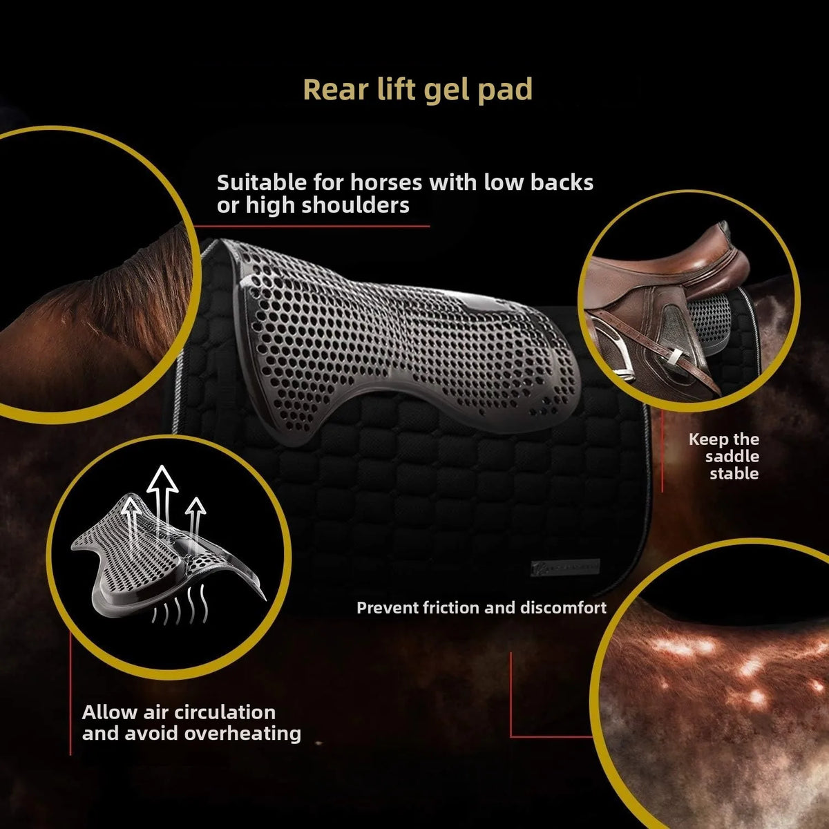 tapis d'équitation gel noir antiusure rehausseur arrière ergonomique absorbant chocs petits trous round surface