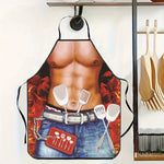 tablier cuisine rouge bleu beige gris imprimé torse musclé poignets cuillères ceinture humoristique opacité