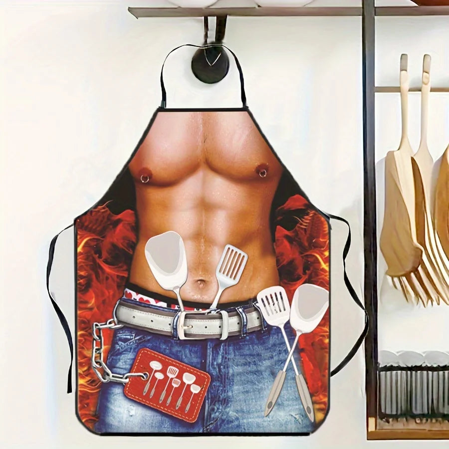 tablier cuisine rouge bleu beige gris imprimé torse musclé poignets cuillères ceinture humoristique opacité