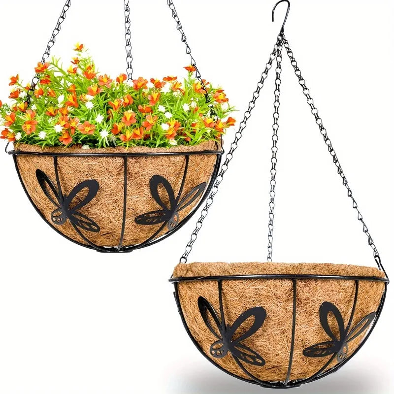 jardinière suspendue métal motif papillon fleurs pensées chrysanthèmes rustique décoration balconintérieur noix coco texturée