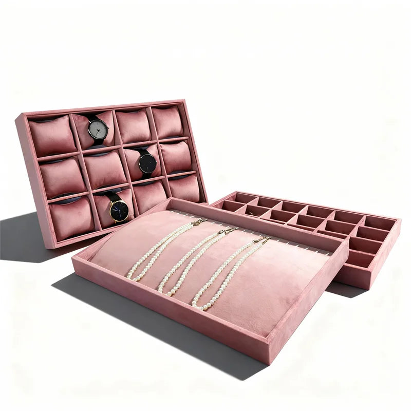boîte bijoux velours rose moderne colliers boucles d'oreilles bracelets bagues clips exposant assiette trousseau