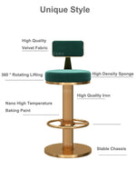 tabourets bar velours bleu marine gris rose contemporains assise dorée pieds métal adjustable