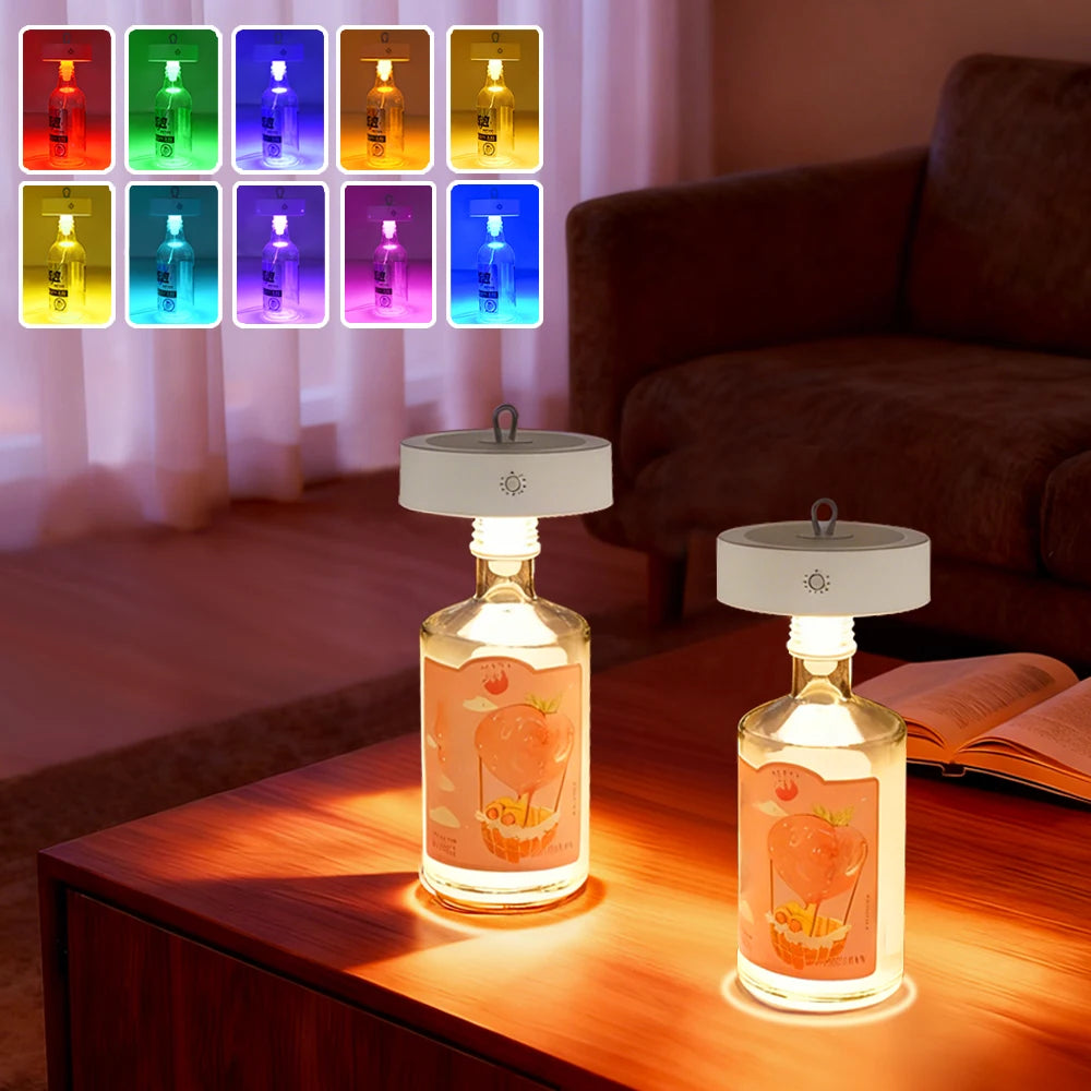 lampe bouteille vin transparente étiquette rouge imprimée fruits moderne led rechargeable