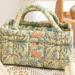 sac main fleur bleu vert beige réutilisable poignées vintage opacité multifonction portable