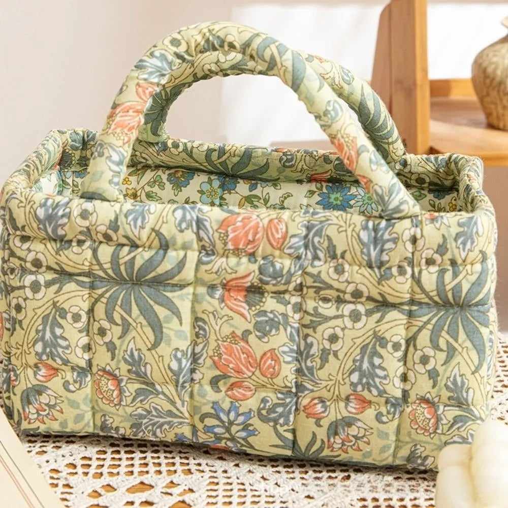 sac main fleur bleu vert beige réutilisable poignées vintage opacité multifonction portable