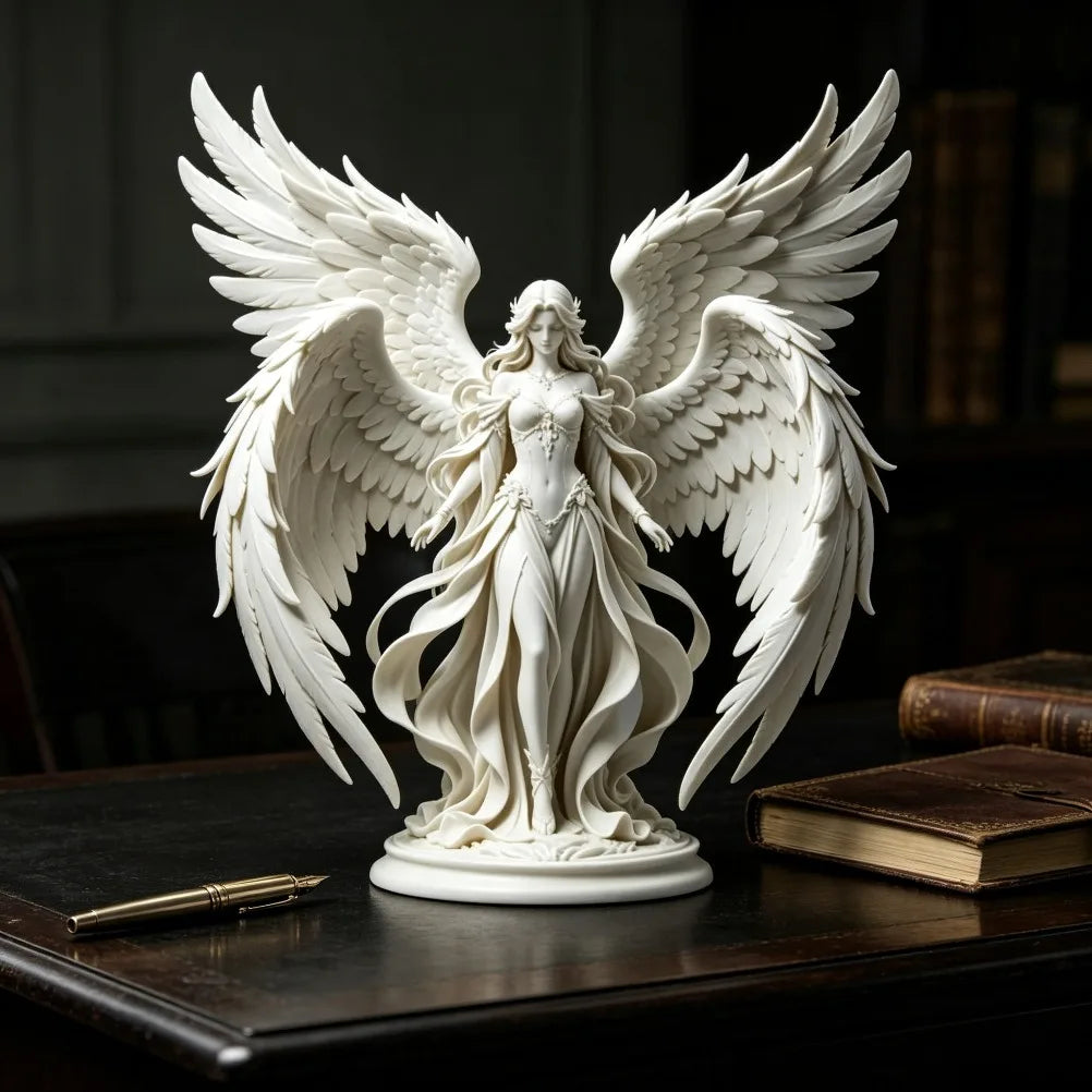 statue ange blanc détaillée plumes drapé classique religieux décoratif base ailes bougies livres plante
