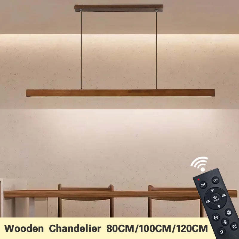 lustre suspension bois moderne longue bande luminaire salon salle manger cuisine naturel