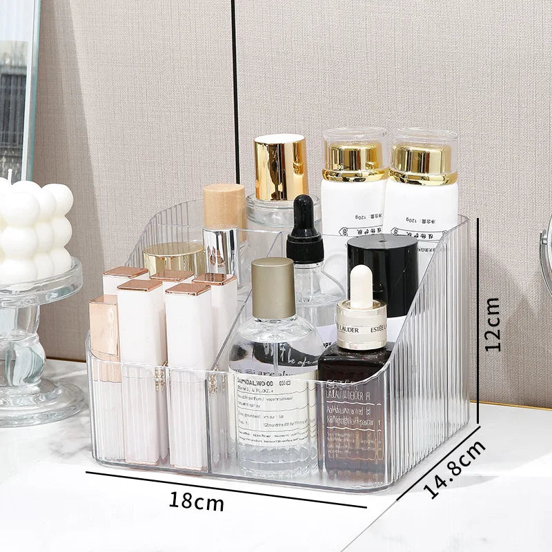organisateur maquillage transparent moderne élégant brosse maquillage produits cosmétiques rayures verticales vert foncé doré