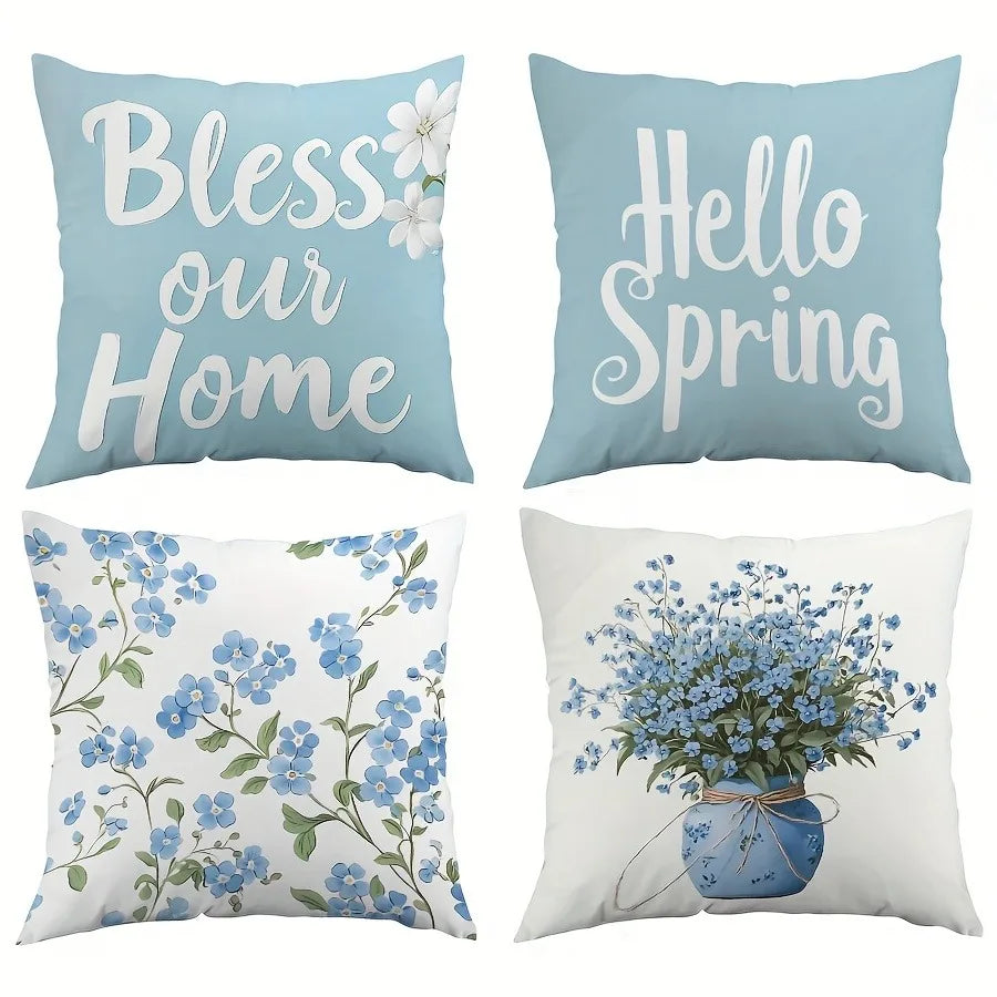 housse coussin polyester bleu clair fleurs textes décoratifs chambre salon voiture 40x40 45x45 50x50