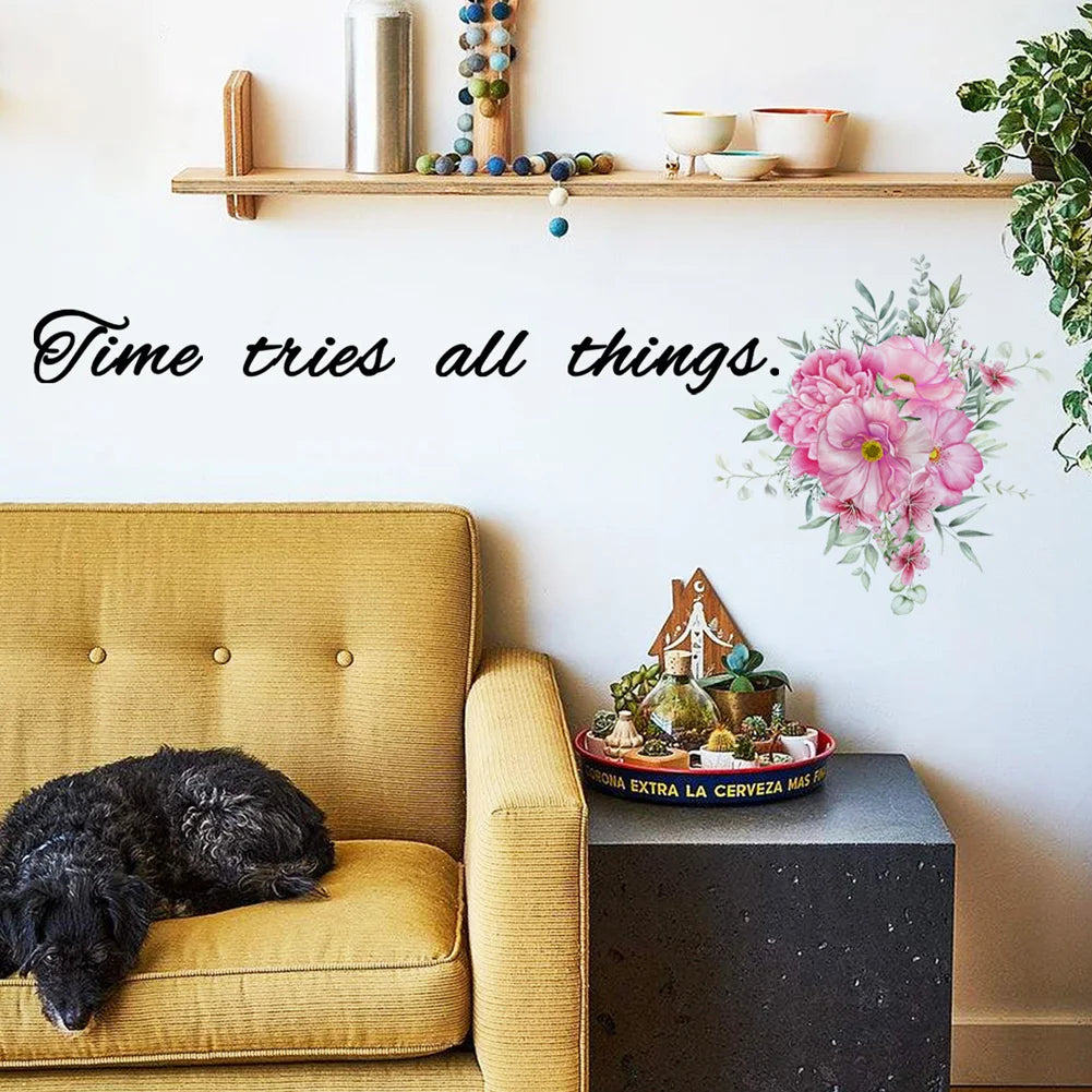 autocollant mural moderne bouquet fleurs inspirantes quotes chambre salon pvc adhésif rose vert noir