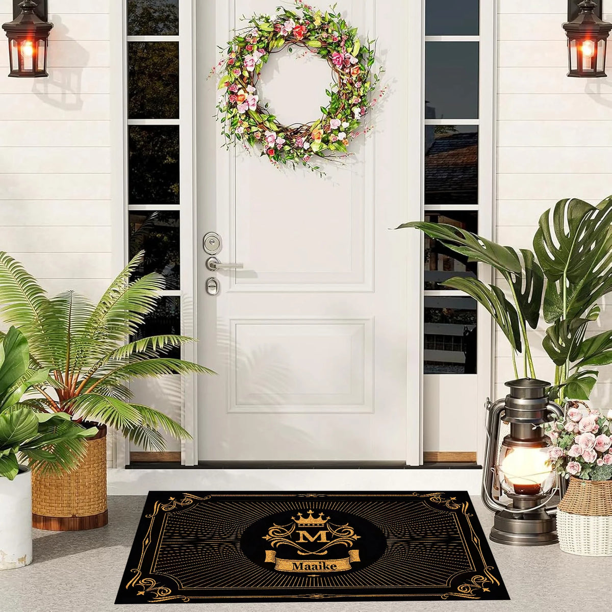 tapis d'entrée anti dérapant caoutchouc ornements dorés couronne classique élégant noir or