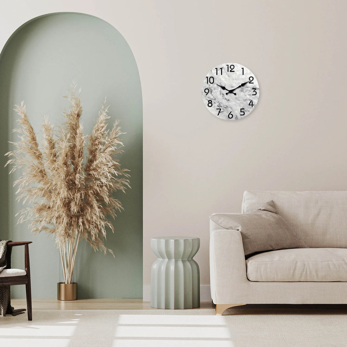 horloge murale moderne marbre gris blanc quartz bois salon unique