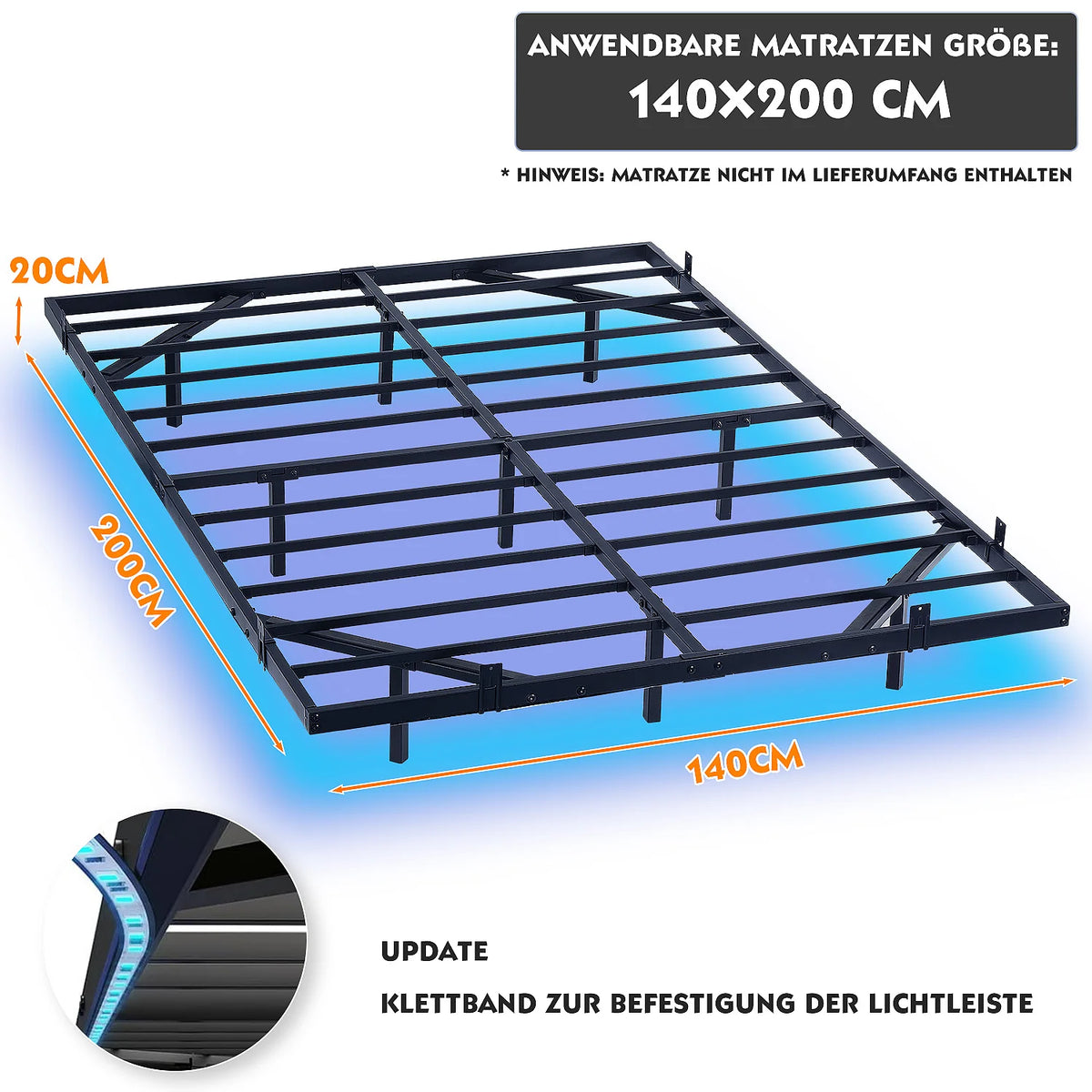 Détail du design flottant et des pieds cachés du cadre de lit en métal noir