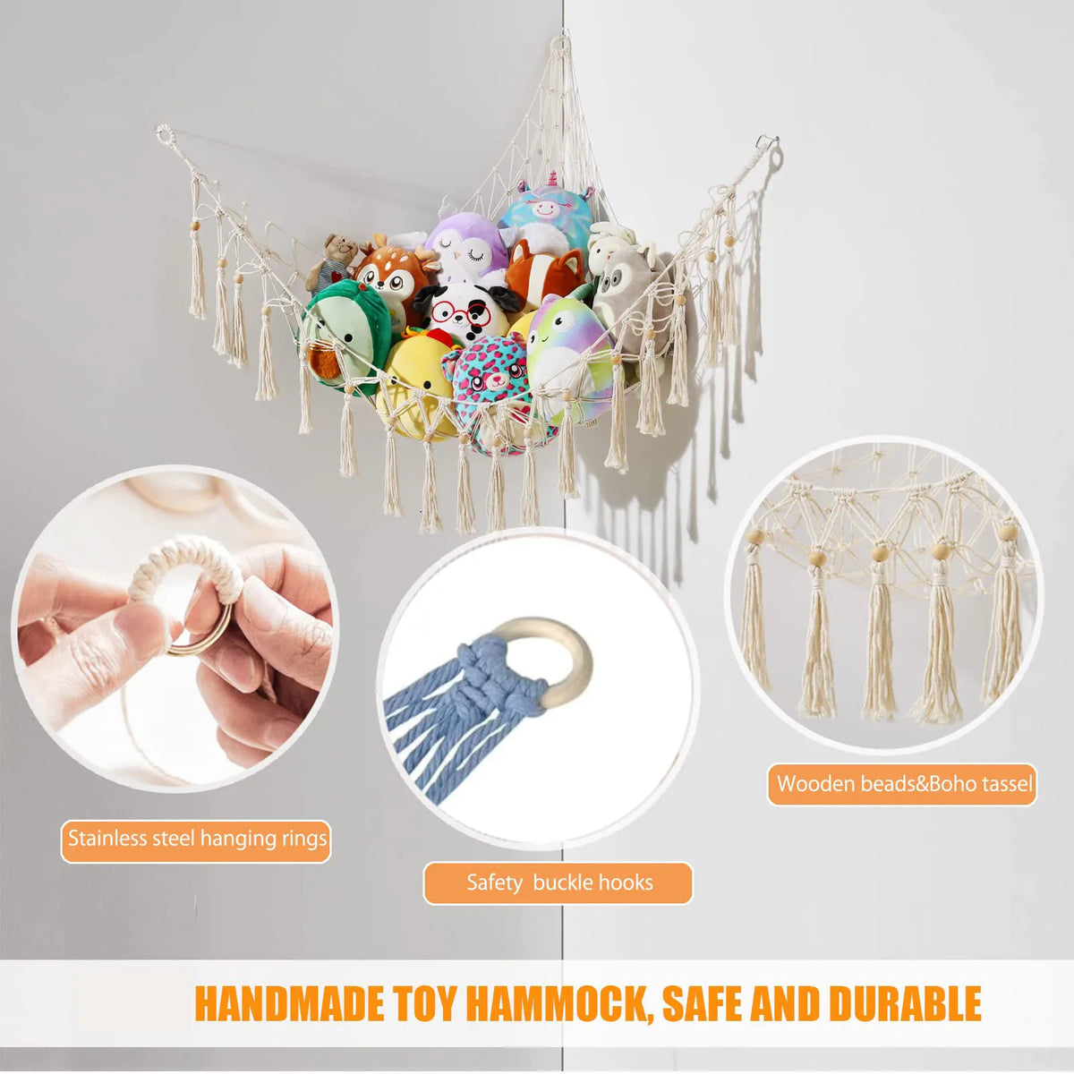 sac rangement hamac jouets macramé franges boho salon pliable respectueux environnement
