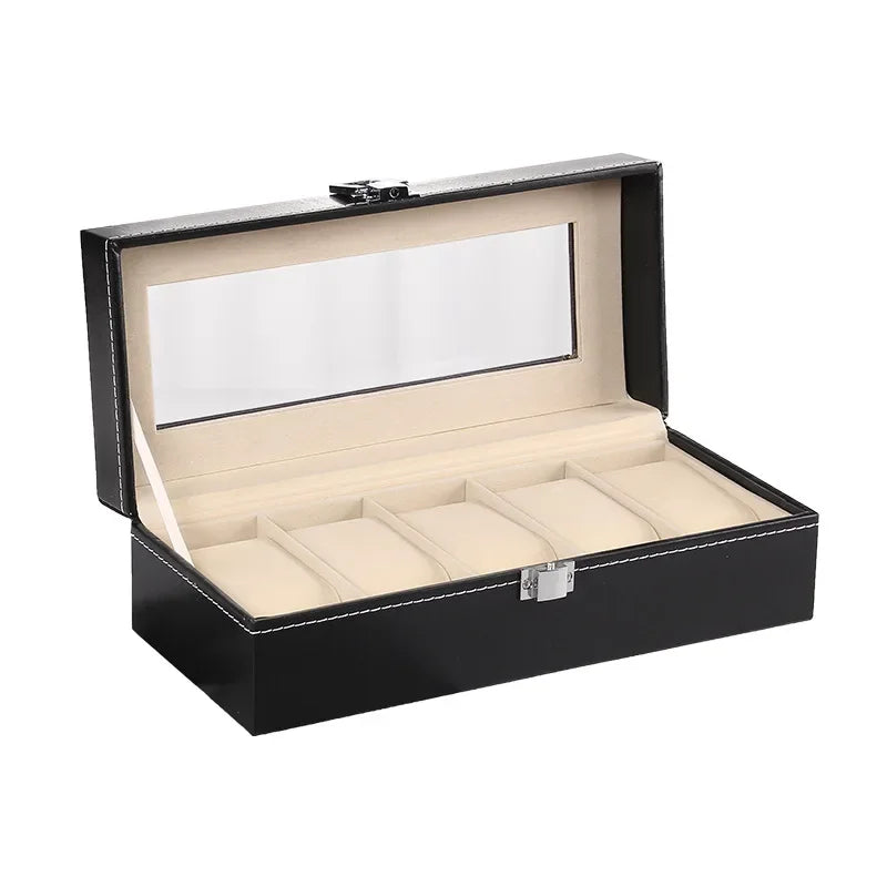 boîte rangement montres cuir noir intérieur beige classique verre transparent compartiments bouton pression