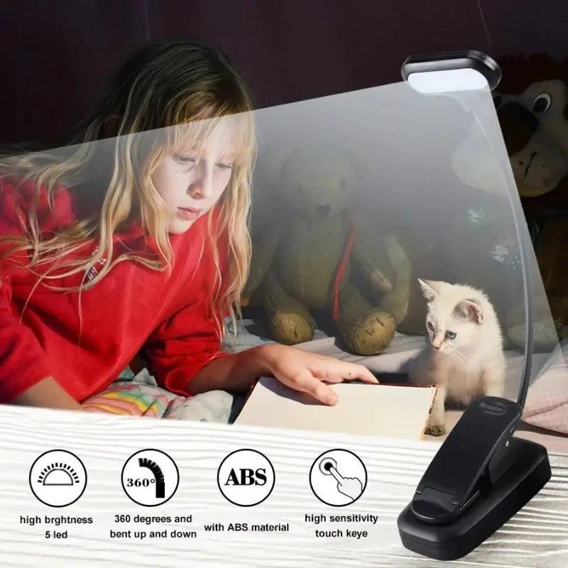 lampe lecture portable noir moderne clip batterie piles flexible étude chambre veilleuse