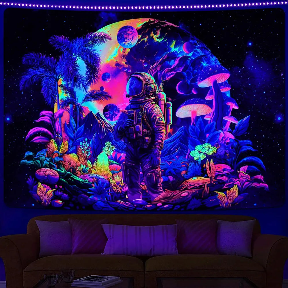 tapisserie murale psychédélique astronaute alien champignons fleurs décor chambre maison art contemporain multicolore