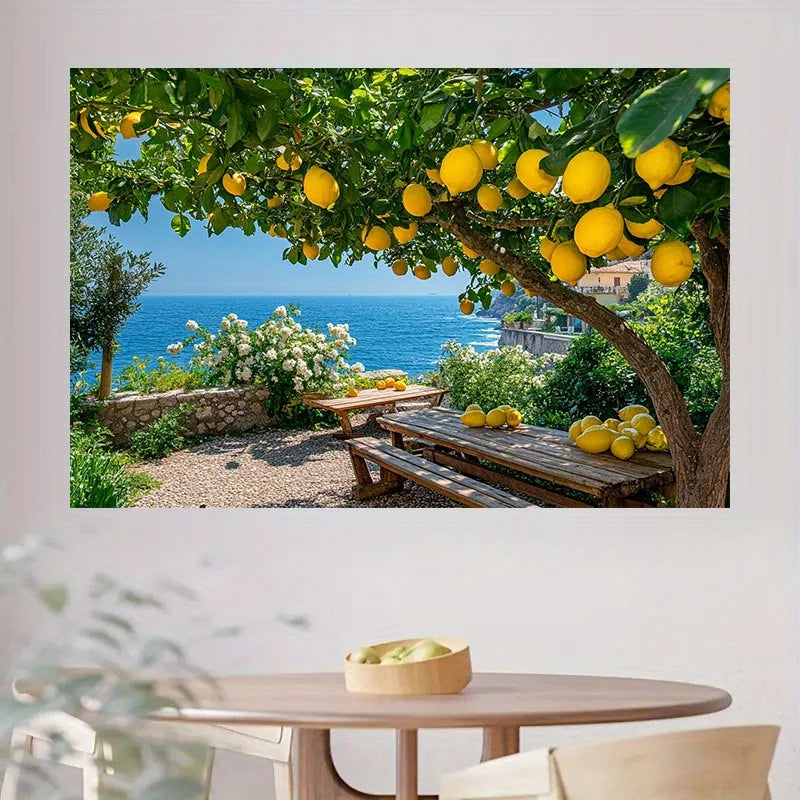 Poster mural paysage marin arbres fruitiers vert jaune bleu beige