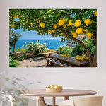 Poster mural paysage marin arbres fruitiers vert jaune bleu beige