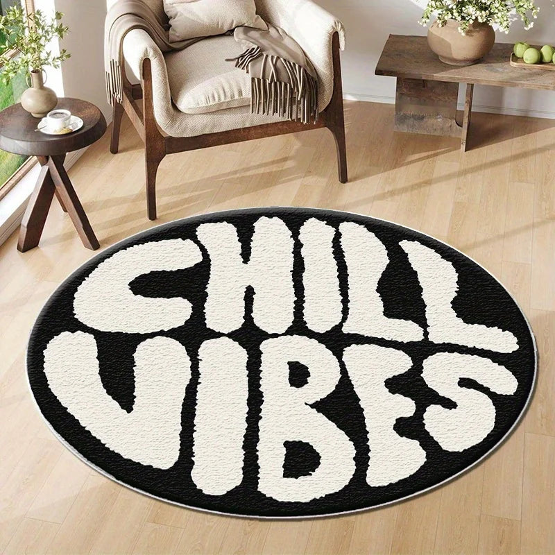 tapis rond moderne lettres chill vibes noir blanc polypropylène polyester 80x80cm 120x120cm 40x40cm decoration