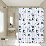 rideau douche moderne motif carré blanc noir bleu clair imperméable éva rapide séchage ourlet
