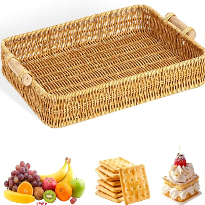 plateau osier tressé poignées bois clair fruits biscuits gâteau pain tomates cerises bougies diffuseur