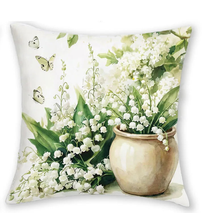 taies d'oreiller fleurs blanches rustiques lit maison panier bois naturel polyester blanc vert beige