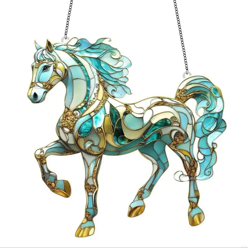 décoration suspendue chevaux verre coloré bleu turquoise or marron rouge feuille métal 20cm