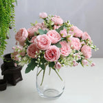 décoration intérieure moderne bouquet fleurs artificielles rose soie verte vase transparent chambre salon