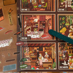 puzzle multicolore ville miniature scènes personnages bâtiments voitures artistique