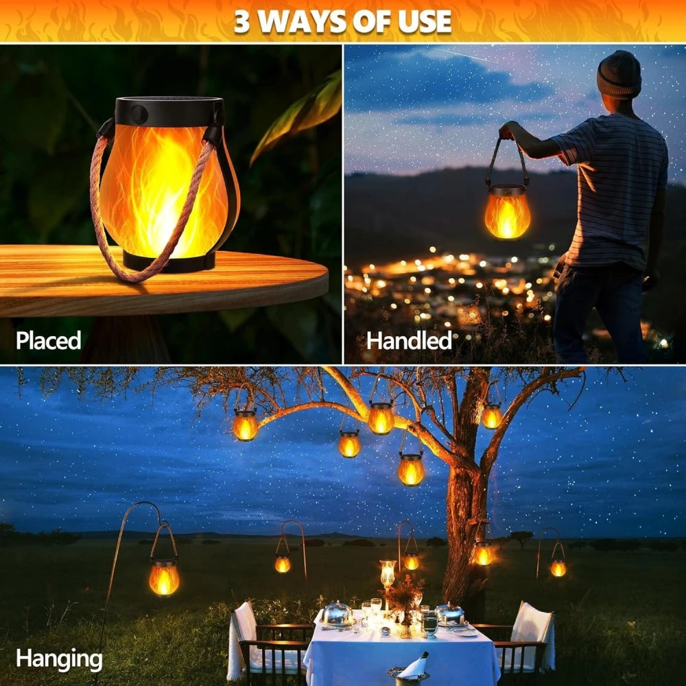 lanterne solaire rechargeable led modes nuit flamme vacillante moderne rustique corde orange jaune
