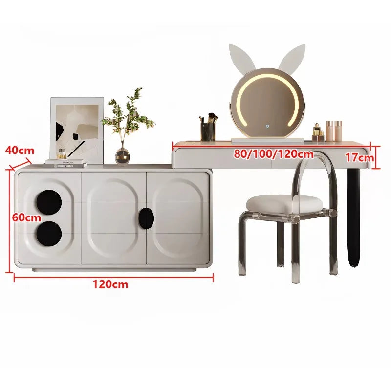 meuble multifonctionnel moderne tiroirs miroir tabouret bois géométrique beige noir