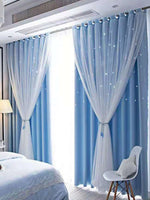 rideaux bleu clair étoiles blancs tissu semi transparent moderne doux rubans pompons semi opaque
