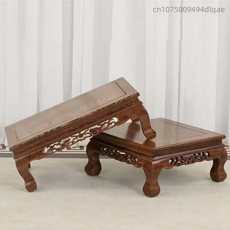 présentoir bois sculpté marron motifs complexes reliefs plantes bonsaï vases fleurs théière tasses déco