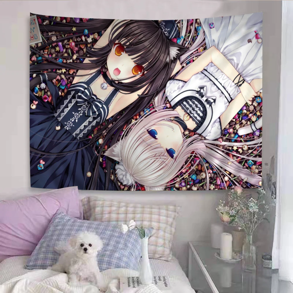 tapisserie graphique anime personnages dessins animés rose vert blanc illustration animaux mignons moderne