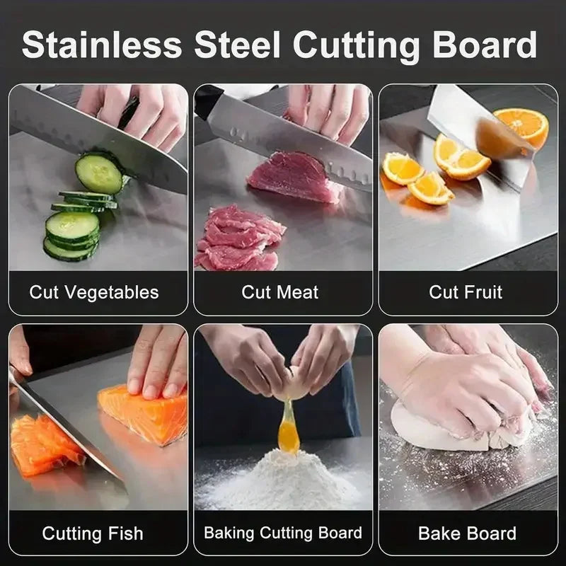 planche découper acier inoxydable double face antibactérienne facile nettoyer moderne poignée argentée lisse cuisine