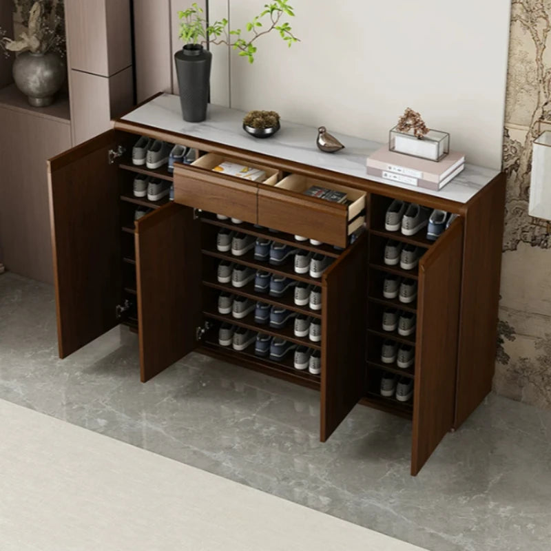 présentoir chaussures bois marron moderne minimaliste étages tiroirs rangement chambre salon