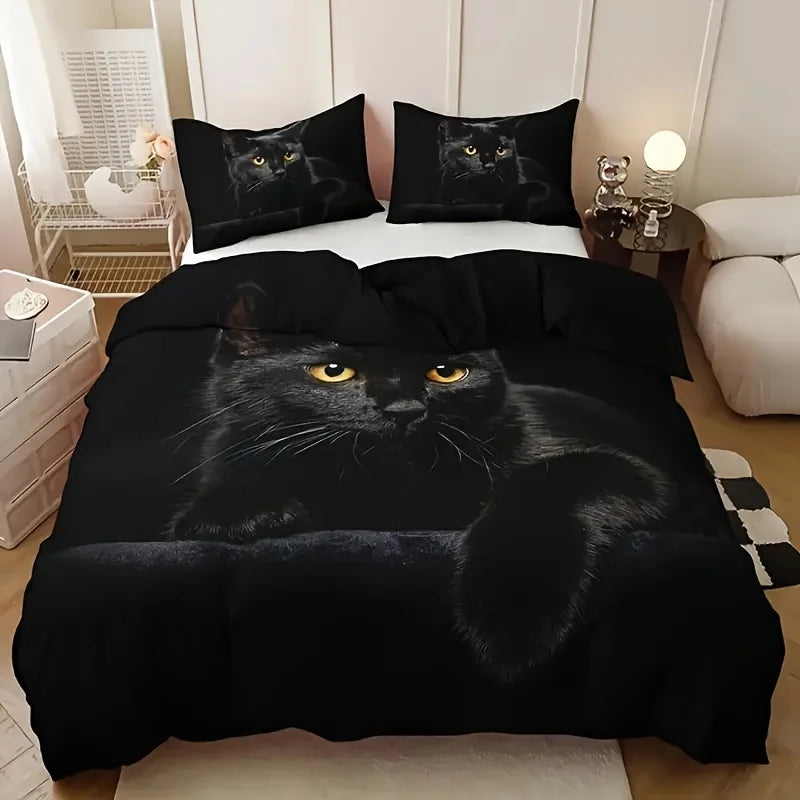 ensemble lit parure trois pièces housse oreillers chat noir moderne polyester