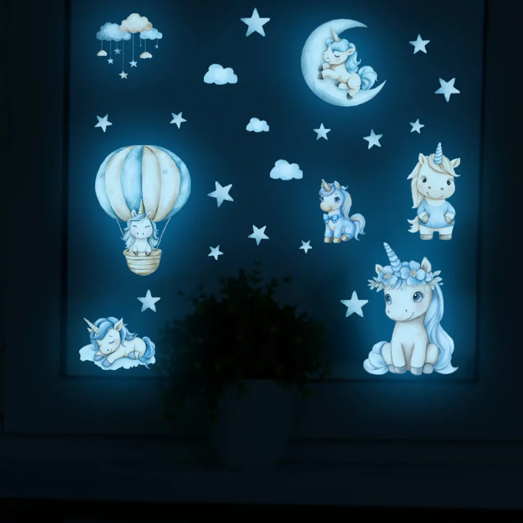 sticker mural licorne dessin animé nuages étoiles enfant chambre décoration mur bleu blanc PVC