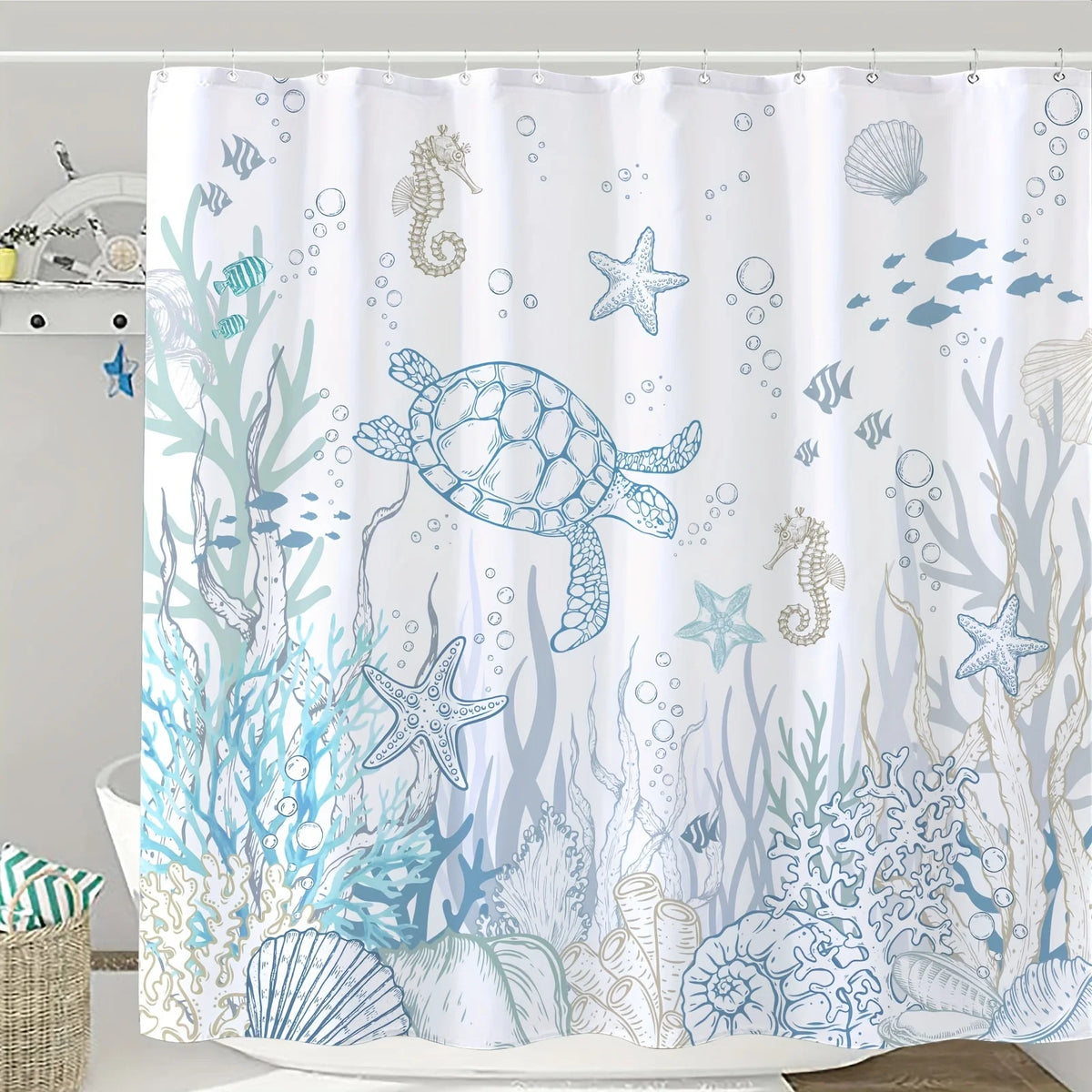rideau douche moderne thème marin tortue hippocampes étoiles mer blanc bleu gris