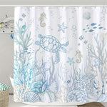 rideau douche moderne thème marin tortue hippocampes étoiles mer blanc bleu gris