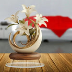 vase decoratif moderne fleur blanche taches dorées feuilles vertes beige deco salon