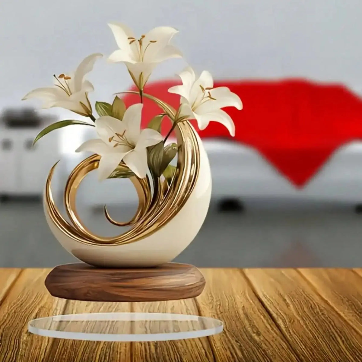 vase decoratif moderne fleur blanche taches dorées feuilles vertes beige deco salon