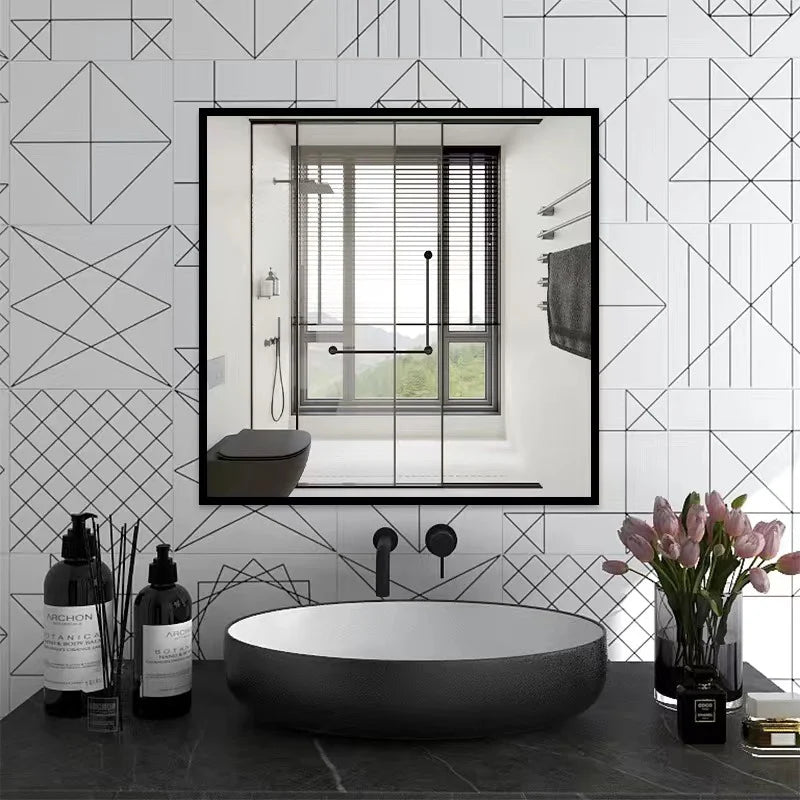 miroir mural moderne minimaliste noir blanc quadrillage rond chambre salon