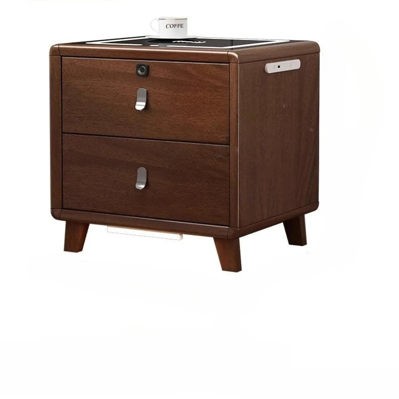 table nuit moderne bois blanc marron poignées métalliques chargeur sans fil